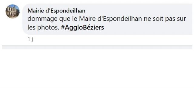 26/05/2024 - Un commentaire émis un dimanche par la mairie sur le site de l'Agglo de Béziers qui en dit long sur les soucis du maire d'Espondeilhan... Loin des problèmes de voiries des habitants. Ah, vanité quand tu nous tiens ! Et ceux de la commune qui ont tout préparé ?